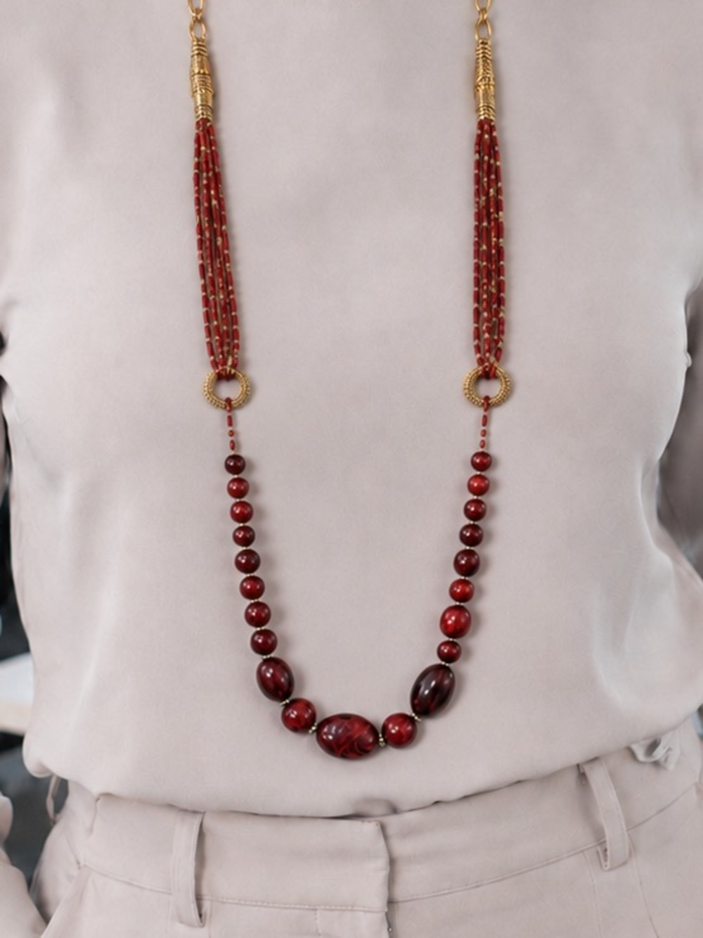 Vintage Bocar Red Multi Strand Beaded Statement Necklace Boho